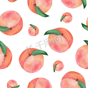 白色背景上的水彩桃子无缝图案。