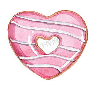 水彩手绘心形粉红色釉面甜甜圈隔离在白色背景