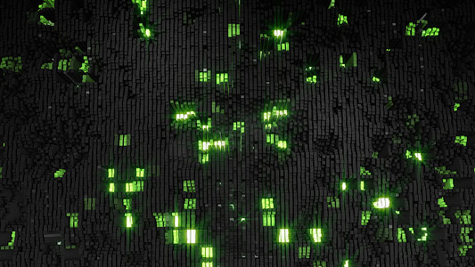 3D渲染许多黑绿色方块的数字背景