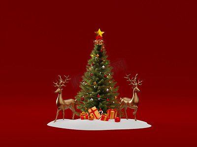 装饰海报背景摄影照片_雪地上驯鹿与圣诞树的 3d 插图