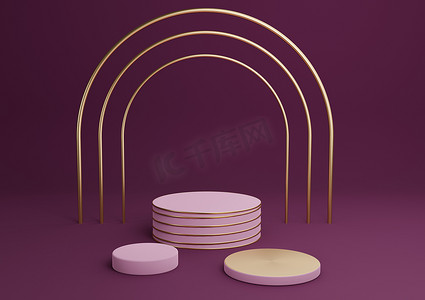 深洋红色、紫色 3D 渲染简单产品展示圆柱讲台，配有豪华金拱门和线条三站最小背景抽象构图