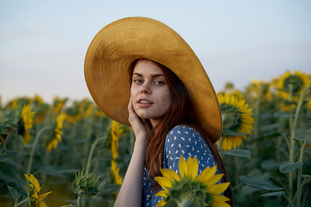 向日葵自由自然领域戴帽子的漂亮女人