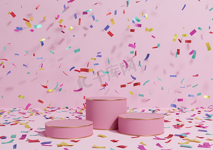 浅色、柔和、薰衣草粉色 3D 渲染产品展示三个讲台，配有色彩缤纷的五彩纸屑庆祝周年广告和奢华产品的金色线条，简单、简约的背景