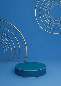 3d蓝色圆柱摄影照片_明亮、黑暗、柔和的蓝色 3D 渲染最小产品展示豪华圆柱讲台或产品背景抽象构图，带有金色线条和圆圈