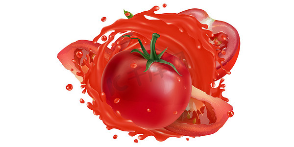 整个和切片的西红柿在蔬菜汁中飞溅。