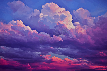 落山的太阳摄影照片_太阳落山时美丽的粉红色和紫色天空和夜晚云彩的插图。