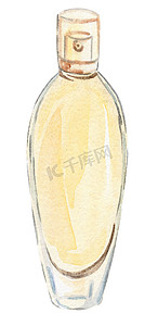 水彩手绘黄色香水玻璃瓶隔离在白色背景上，用于标志设计、品牌、时尚产业、香水