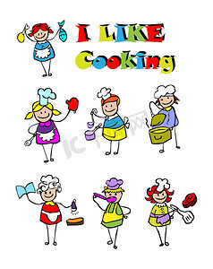 卡通烹饪图标集，食物和厨师儿童风格设计
