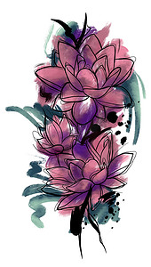 水彩风格黑色轮廓的鲜艳花朵插图