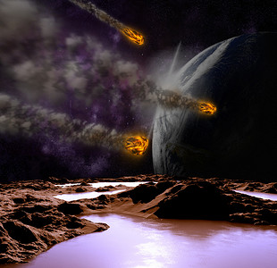 宇宙大气背景摄影照片_小行星对宇宙中行星的攻击。