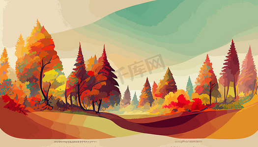 森林插画摄影照片_森林在秋天美丽的风景几何插画