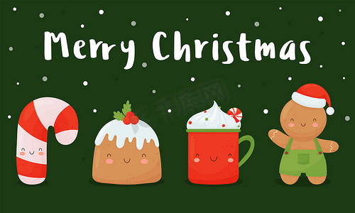 圣诞贺卡上有可爱的人物、拐杖糖、姜人、杯子和绿色背景的圣诞蛋糕。