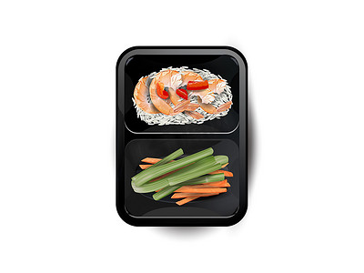 午餐盒里有虾、米饭和蔬菜。