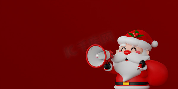 做广告的海报摄影照片_3d 插图圣诞横幅，圣诞老人拿着扩音器做广告