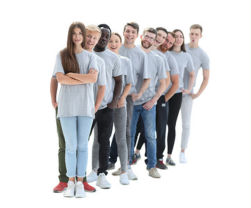 诚信建设摄影照片_一群穿着灰色T恤的年轻人站成一排