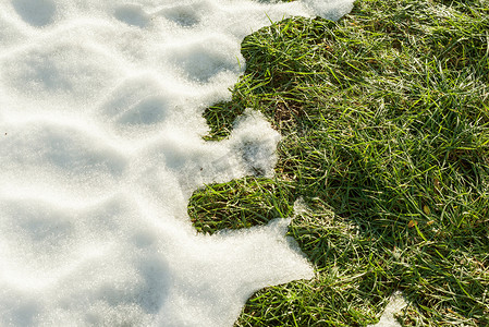 冬春季节摄影照片_你好春天，绿草上融化的雪特写 — 冬春概念背景之间
