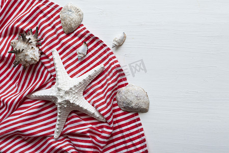 毯红摄影照片_白色海星和其他贝壳躺在条纹红毯和白色木质背景上