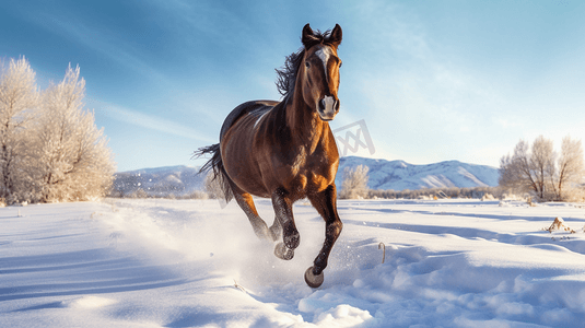 一匹马在白雪覆盖的田野上奔跑