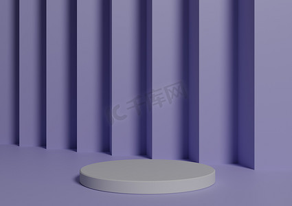 简单、最小的 3D 渲染组合，带有一个白色圆筒讲台或站在抽象柔和的紫色绿色背景上用于产品展示