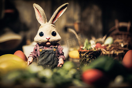 3D 渲染可爱的小兔子农民穿着工作服在花园里满是蔬菜和复活节彩蛋