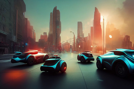 未来城市的蓝色科幻自动驾驶汽车