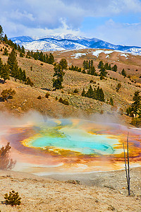 黄石公园的雪山和色彩缤纷的巨型温泉