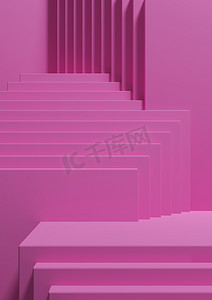 明亮的洋红色、霓虹粉红色 3D 插图简单最小产品展示背景侧视图抽象正方形讲台支架用于产品摄影或奢侈品壁纸