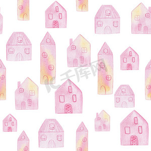 可爱的装饰图案摄影照片_水彩手绘可爱的粉红色房子白色背景无缝图案。用于邀请函、卡片、织物、纺织品、包装纸