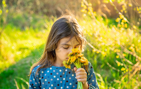 小女孩嗅蒲公英花。
