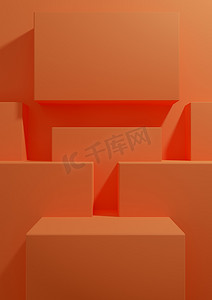 简约商业模板摄影照片_霓虹橙色、亮红色 3D 渲染产品展示背景简单、简约、几何壁纸，配有讲台支架，用于产品摄影或广告演示模板