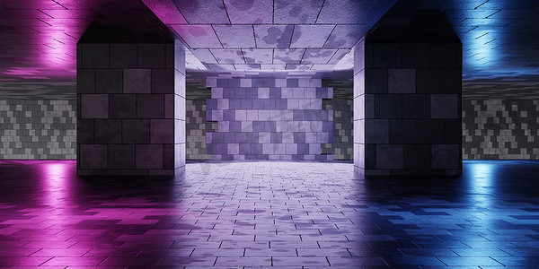 空荡荡的房间，配有复古瓷砖墙和蓝色和紫色粉色霓虹灯背景。