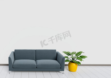 木质花盆摄影照片_客厅的现代室内设计配有黑色沙发、白色和木质光泽地板和花盆。