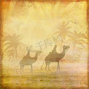 骆驼列车在穿越撒哈拉沙漠的天空映衬下