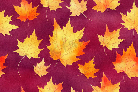 水彩无缝图案与秋叶动漫风格