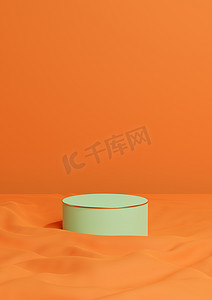 霓虹橙色、亮红色 3D 渲染最小产品展示一个豪华圆柱讲台或站在波浪纺织产品背景壁纸抽象构图与金线