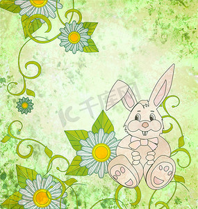 卡通兔子与绿色垃圾背景上的雏菊
