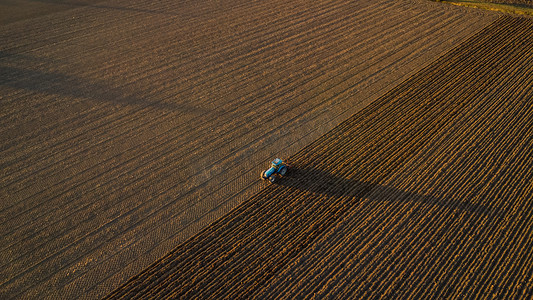 砥砺深耕摄影照片_意大利皮亚琴察 — 9 月 22 日，农民在日落时驾驶拖拉机深耕土地