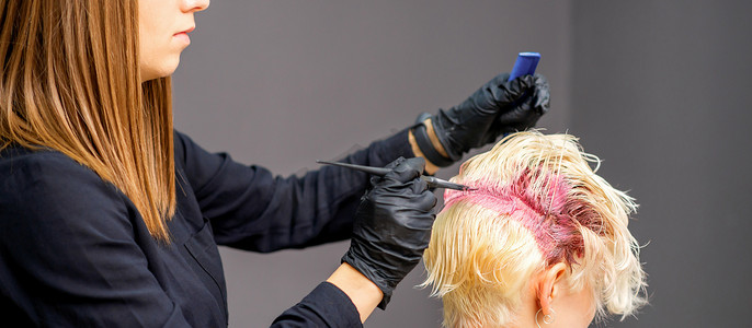 美容院的理发师将女性金发染成粉红色。