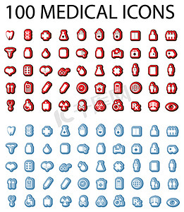 红色贴纸摄影照片_100 个医疗图标集，蓝色和红色贴纸，徽章