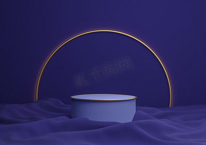 深蓝色 3D 渲染豪华产品展示台或展台最小的构图，背景和灯光中带有金色拱门线