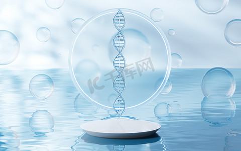 DNA 与水面背景，3D 渲染。