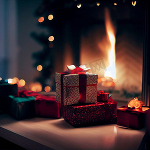 壁炉旁的桌子上摆着漂亮的新年和圣诞礼物