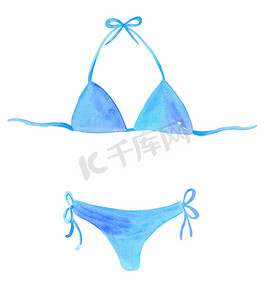 水彩手绘蓝色两件式泳衣隔离在白色背景。