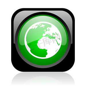 世界电信和摄影照片_地球黑色和绿色方形 web 光泽图标