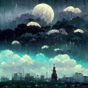 动漫风格的雨夜，城市顶部乌云密布，鱼眼风格