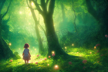 梦幻般的摄影照片_年轻的女孩在一个梦幻般的森林里