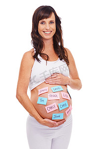 姓名贴摄影照片_名字有什么含义……一位孕妇的肚子上贴着便利贴，上面写着一系列婴儿的名字。
