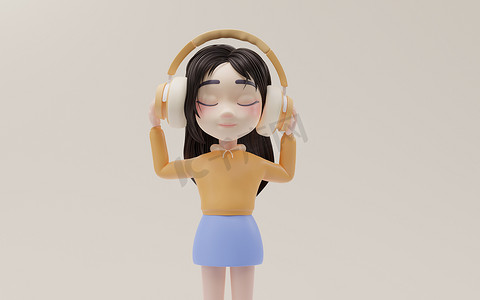 小女孩听卡通风格的音乐，3D 渲染。