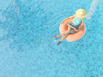 降档摄影照片_带着笔记本电脑漂浮在游泳圈泳池中的女人