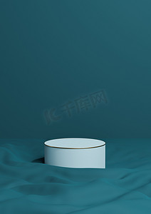 深青色、水蓝色 3D 渲染最小产品展示一个豪华圆柱讲台或站在波浪纺织产品背景壁纸抽象构图与金线